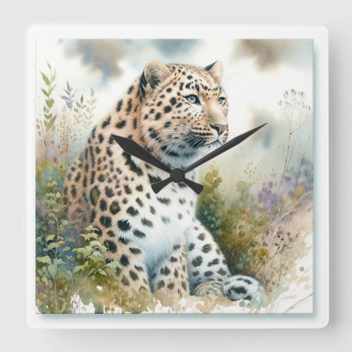 Amur Leopard in Watercolor REF30 _ Watercolor Square Wall Clock