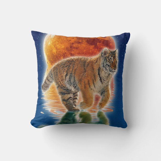 Amur Tiger Cub & Moon Wildlife Fantasy Art Throw Pillow (Front)