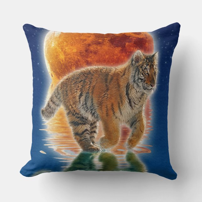 Amur Tiger Cub & Moon Wildlife Fantasy Art Throw Pillow (Front)