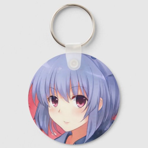 Amused anime girl lavender hair plum eyes manga keychain