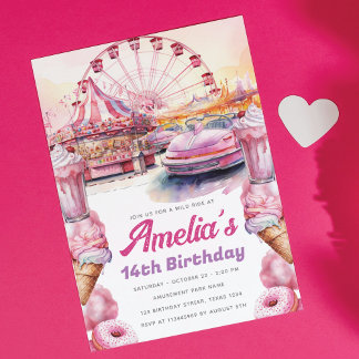 Amusement Park Birthday Party Watercolor Custom Invitation