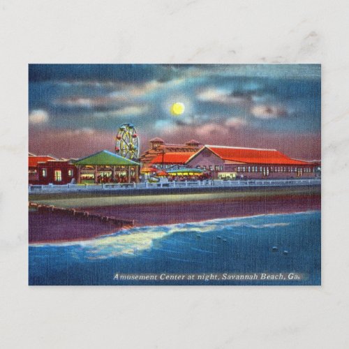 Amusement Park Night Tybee Island Beach Historic Postcard