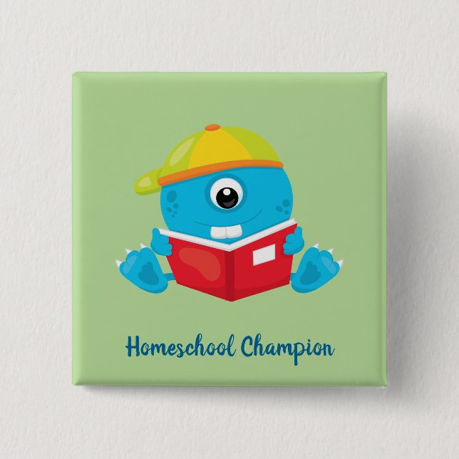 Amusing blue homeschool monster theme pinback button (Front)