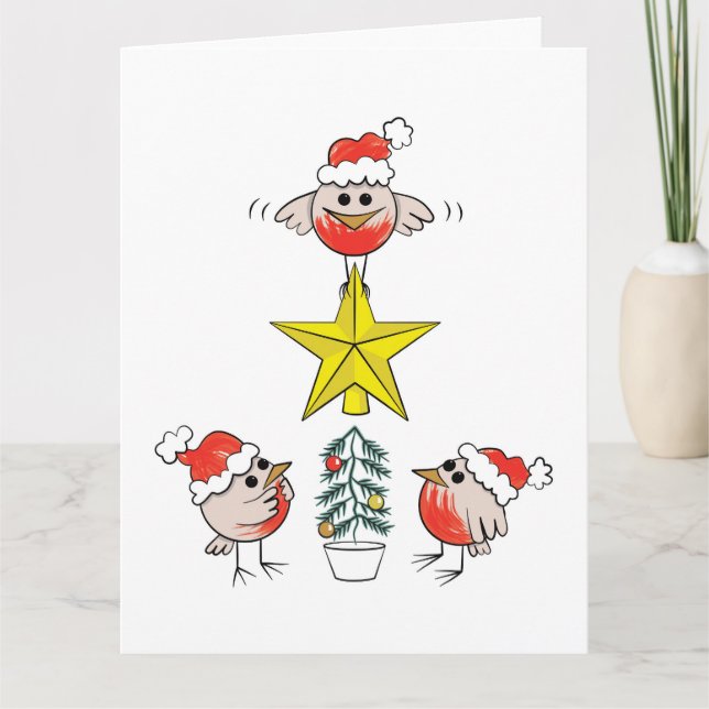 Amusing Christmas Card - robins dressing xmas tree (Front)