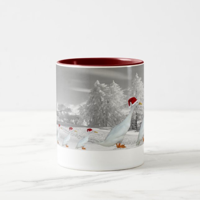 Amusing Christmas runner ducks Two-Tone Coffee Mug (Center)