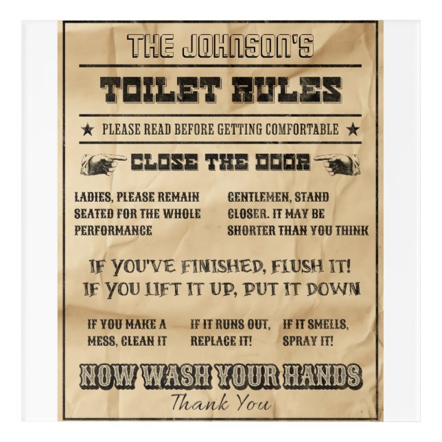 AMUSING TOILET RULES Editable Family Name Acrylic Print (Front)