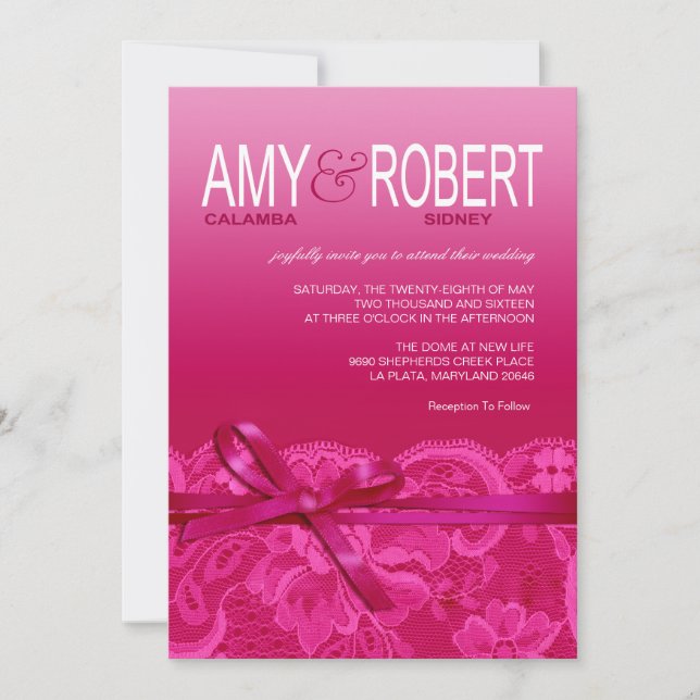 Amy Bows Ribbon & Lace Wedding fuschia Invitation (Front)