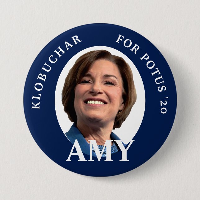 Amy Klobuchar Portrait in Blue and White Button (Front)