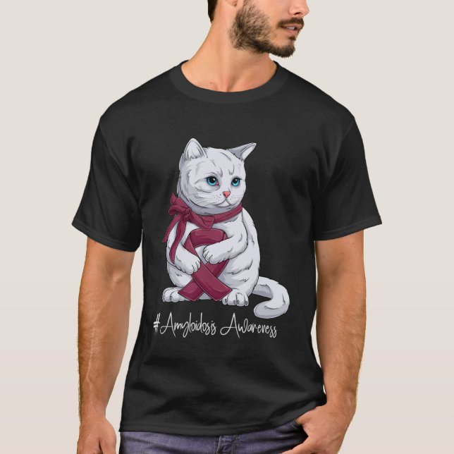 Amyloidosis Awareness Month Burgundy Ribbon Cat T-Shirt (Front)