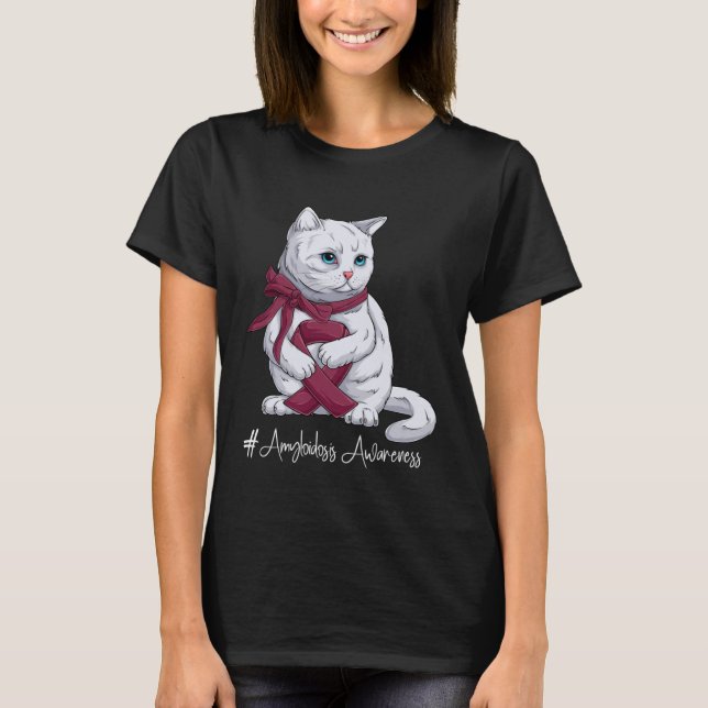 Amyloidosis Awareness Month Burgundy Ribbon Cat T-Shirt (Front)