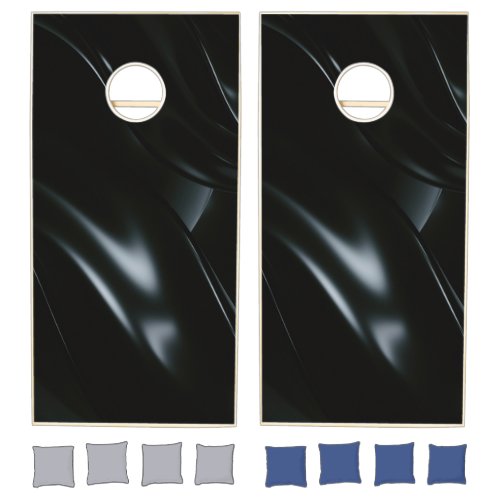 An abstract black background with wavy lines cornhole set