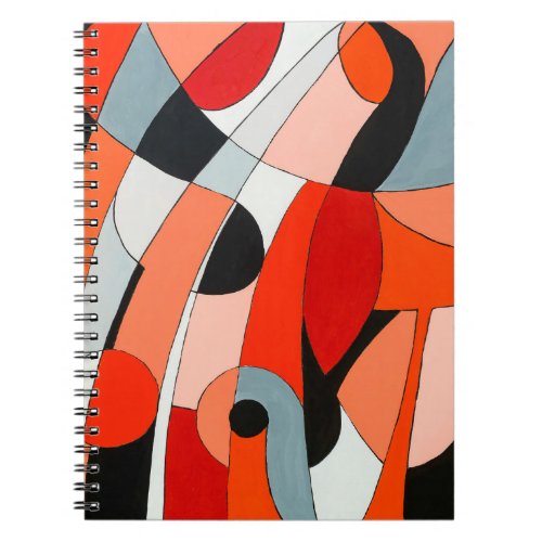 An abstract painting of curved black white and re notebook