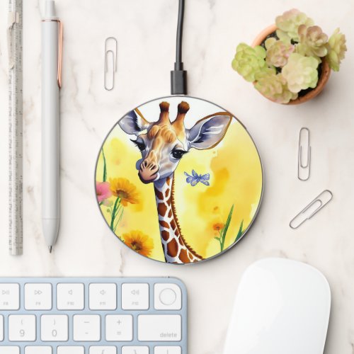 An Adorable Baby Giraffe in a Blooming Field Phone Wireless Charger