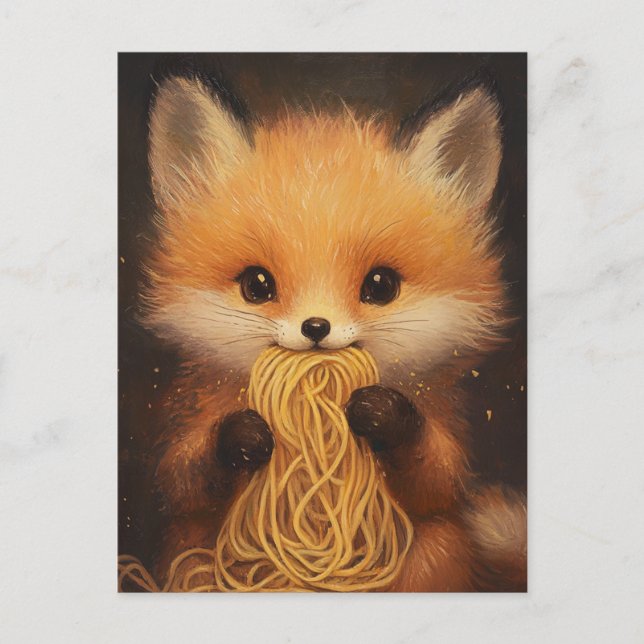 An adorable baby red fox eating spaghetti postcard (Front)