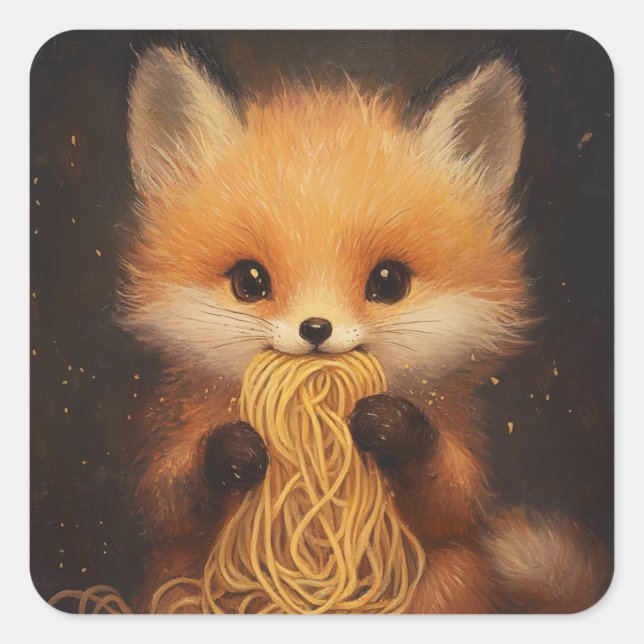 An adorable baby red fox eating spaghetti square sticker (Front)