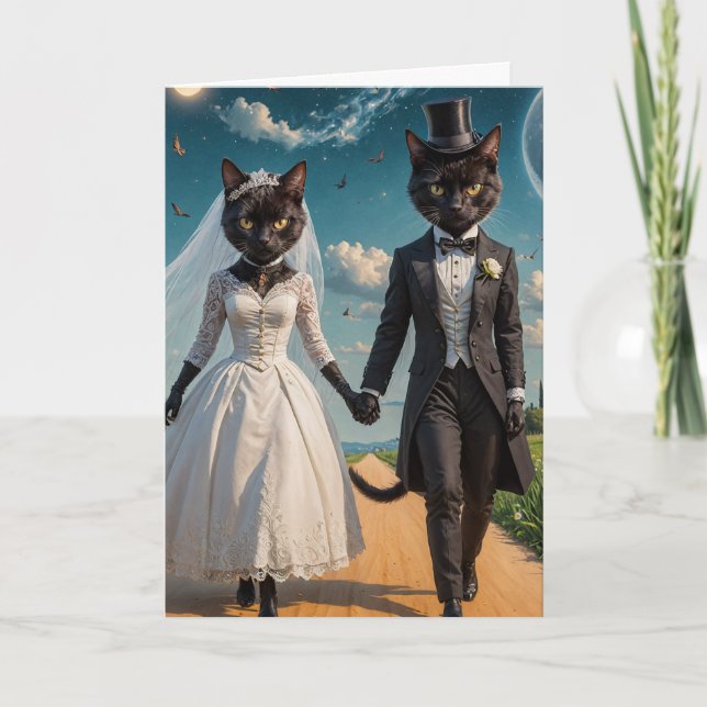 An Adorable Black Cat Couple Wedding Day in Park Card (Front)