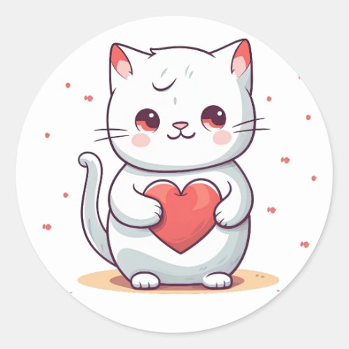 An adorable cat holding a heart classic round sticker