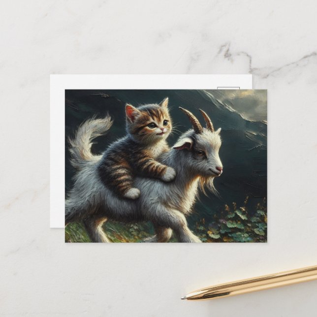 An adorable cat riding a goat Fantasy  Postcard (Front/Back In Situ)