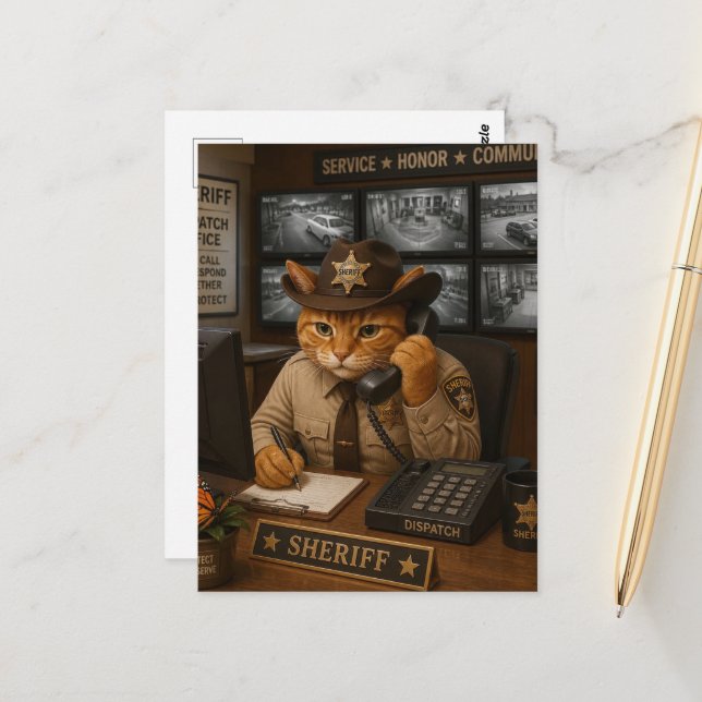 An adorable cat sheriff in the dispatch office postcard (Front/Back In Situ)
