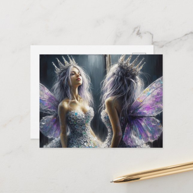 An adorable fairy looking in a mirror postcard (Front/Back In Situ)