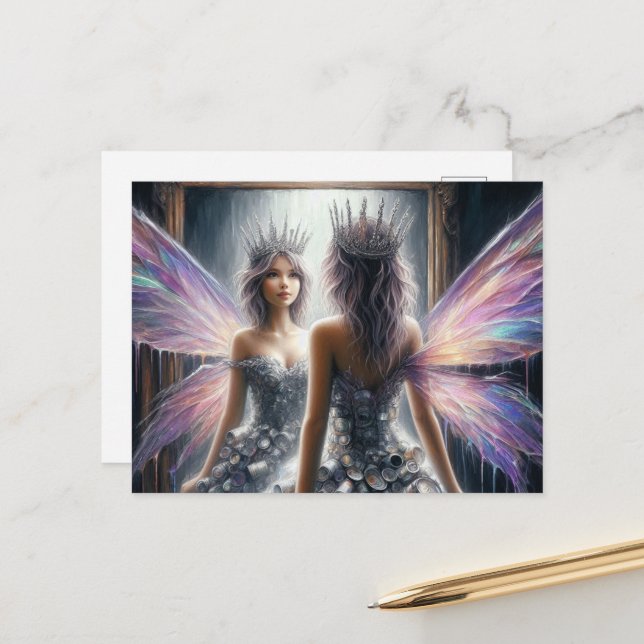 An adorable fairy looking in a mirror postcard (Front/Back In Situ)