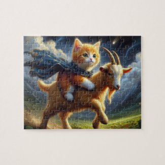 An adorable ginger kitten riding a goat