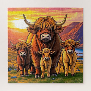 An adorable Highland cow family. Jigsaw Puzzle