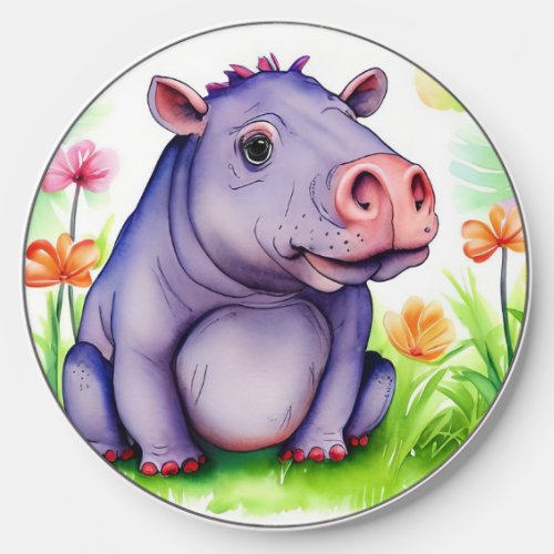 An Adorable Hippo in a Blooming Field Phone Wireless Charger