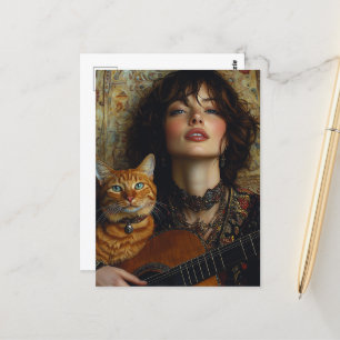 an adorable musician and her ginger kitty postcard