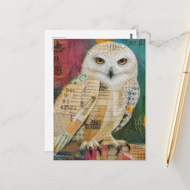 An adorable owl mixed media collage postcard (Front/Back In Situ)