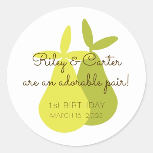 An Adorable Pair Twins Birthday Pear Theme Classic Round Sticker