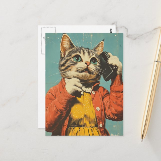 An adorable retro style cat on her cellphone postcard (Front/Back In Situ)