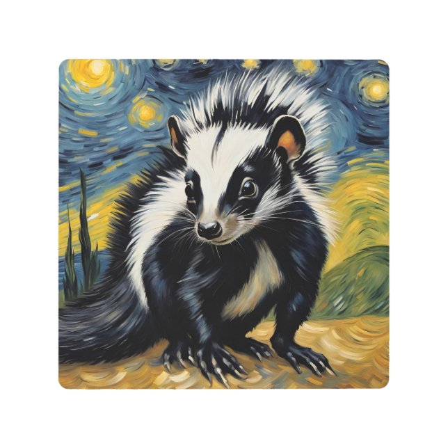 an adorable skunk in a starry night  metal print (Front)