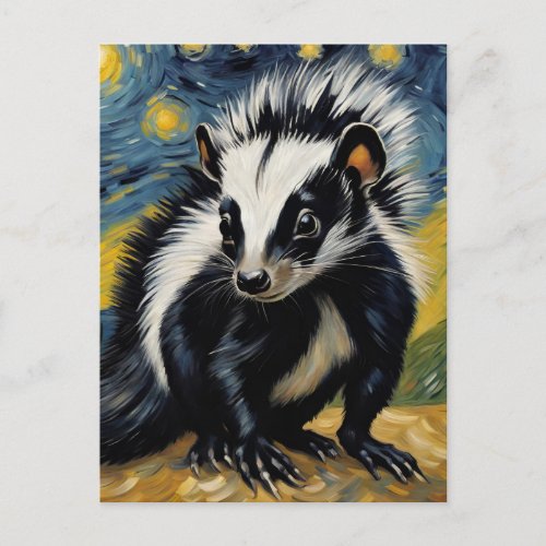 an adorable skunk in a starry night  postcard