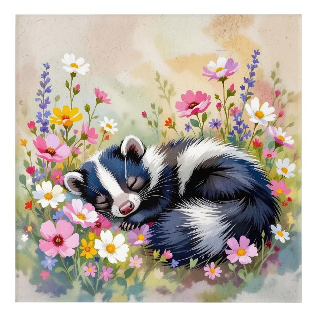 An Adorable Skunk Napping in Flowers Acrylic Print (Front)