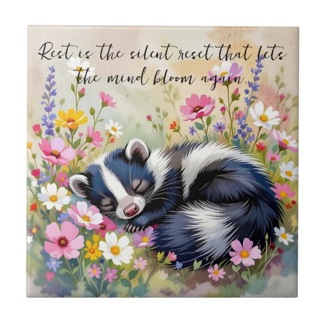 An Adorable Skunk Napping in Flowers and Quote Ceramic Tile (Front)