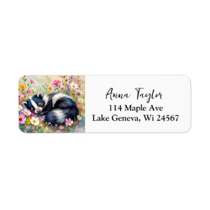 An Adorable Skunk Napping in Flowers Label