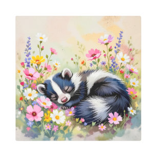 An Adorable Skunk Napping in Flowers Metal Print