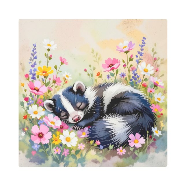 An Adorable Skunk Napping in Flowers Metal Print (Front)