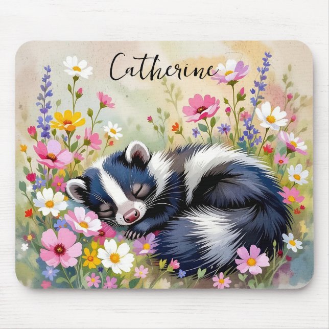 An Adorable Skunk Napping in Flowers Personalized Mouse Pad (Front)