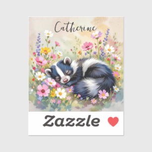 An Adorable Skunk Napping in Flowers Personalized Sticker