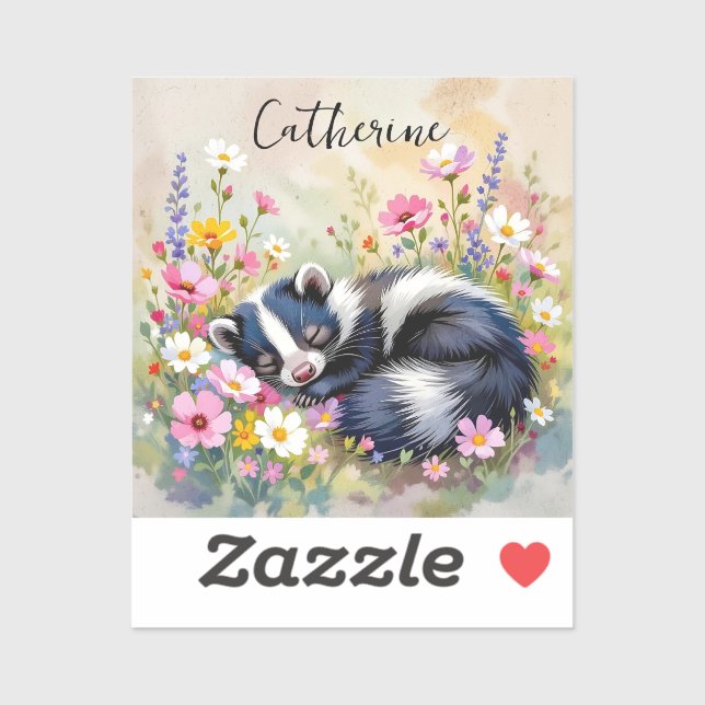 An Adorable Skunk Napping in Flowers Personalized Sticker (Sheet)