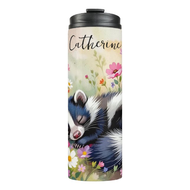 An Adorable Skunk Napping in Flowers Personalized Thermal Tumbler (Front)