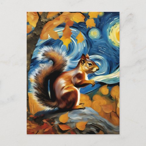 an adorable squirrel in a starry night  postcard