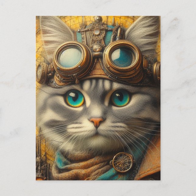 an adorable steampunk grey cat postcard (Front)