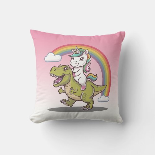 An Adorable Unicorn Riding a Fierce T_Rex Throw Pillow