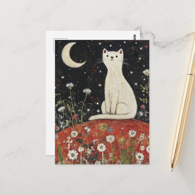 An Adorable White Cat Folk Art Postcard (Front/Back In Situ)