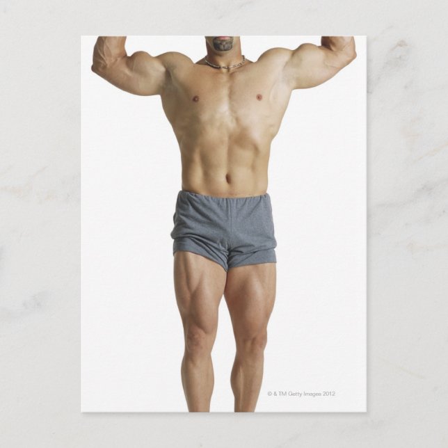 an adult caucasian male bodybuilder holds his postcard (Front)