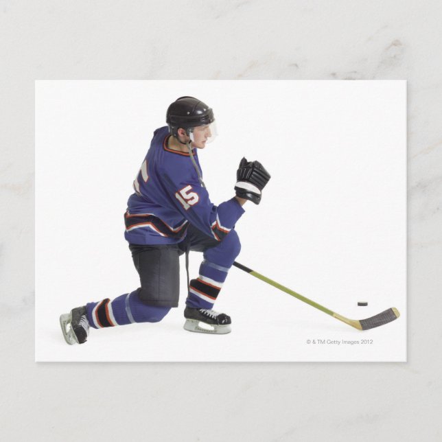 an adult caucasian male hockey player in a blue postcard (Front)