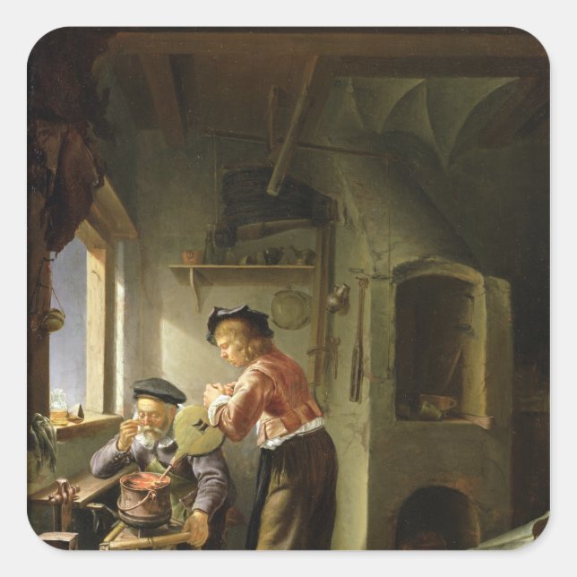 An Alchemist and his Assistant in their Workshop Square Sticker (Front)
